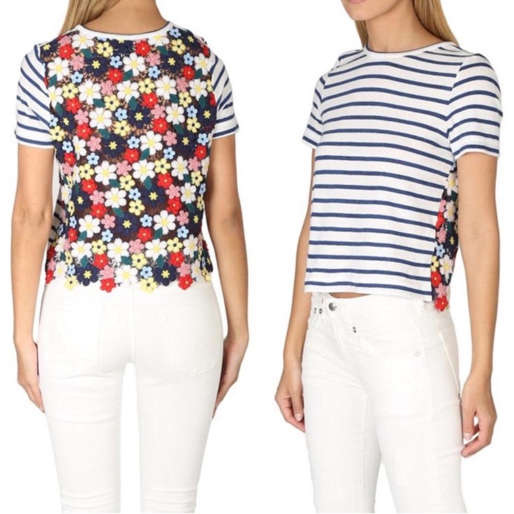 Sea New York Sea 3D Lace Combo Tee Navy Stripe Multicolor Floral Appliqué-Small